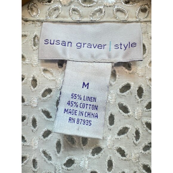 Susan Graver Style Womens Eyelet 3-Button Blazer Jacket Sze M White Boho Summer - Picture 2 of 12